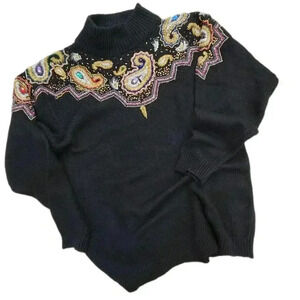 VINTAGE HAND BEADED SILK AGORA BLEND SWEATER, Black/Gold Multi, Women's Small